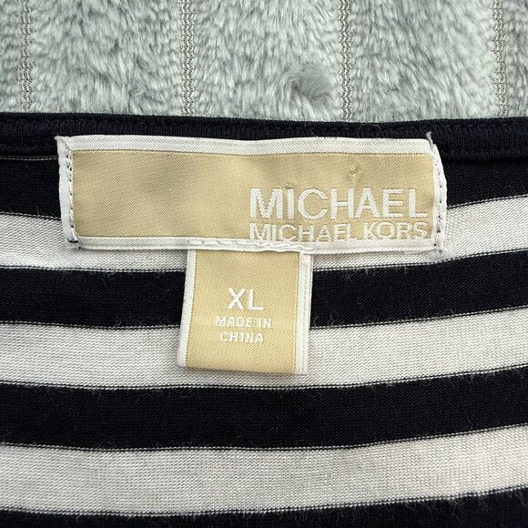 Michael Kors Top Womens XL Black White Stripe Nautical Preppy Long Sleeve Ruched - Picture 3 of 10